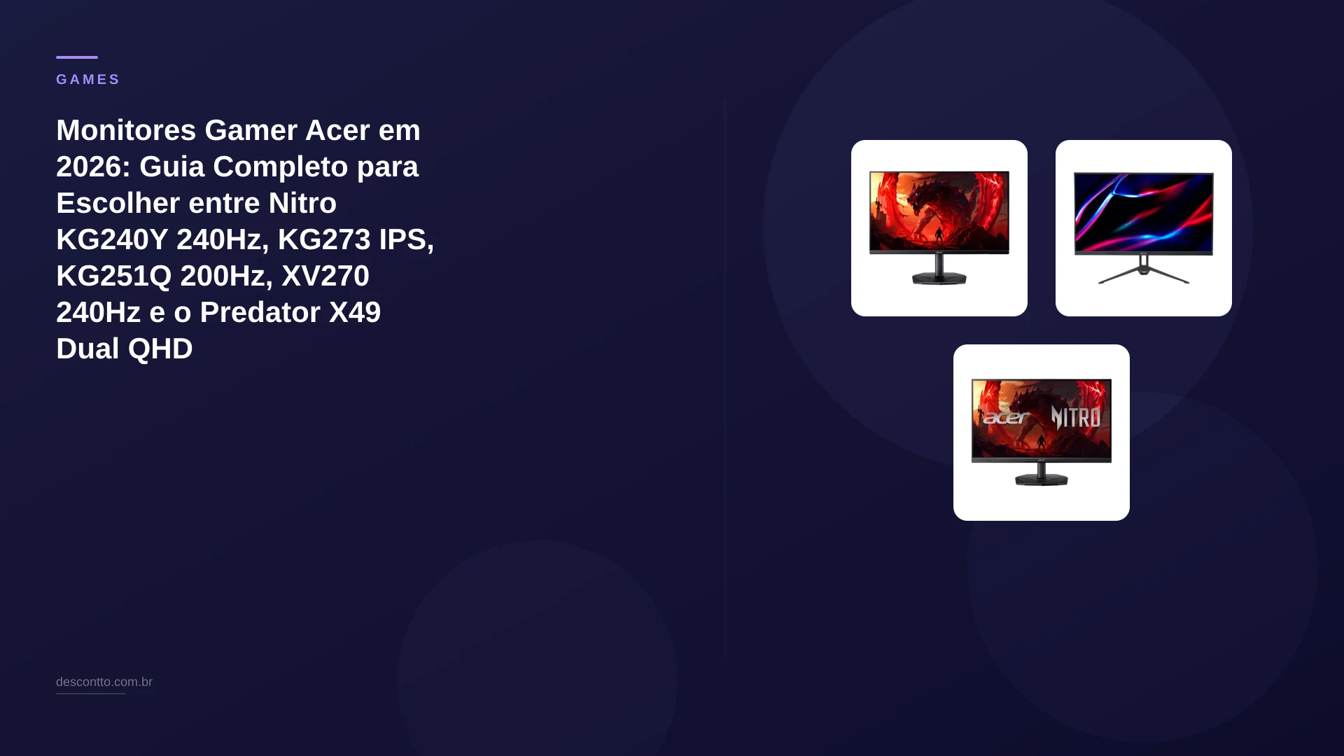 Monitores Gamer Acer em 2026: Guia Completo para Escolher entre Nitro KG240Y 240Hz, KG273 IPS, KG251Q 200Hz, XV270 240Hz e o Predator X49 Dual QHD